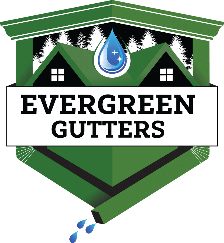 Evergreen Gutters company logo featuring house roofs, pine trees and water droplet