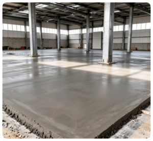 Freshly poured smooth gray concrete floor in a large commercial / industrial building in Richmond VA