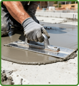 Worker uses a Fresno trowel to smooth wet concrete slab surface in Richmond VA