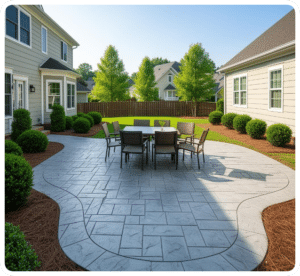 Stamped concrete patio with ashlar slate pattern and curved border in backyard setting in Richmond VA