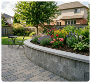 Decorative block retaining wall with capstones and paved patio in a backyard in Richmond VA