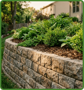 Curved stone block retaining wall with mulch and plants in residential backyard in Richmond VA