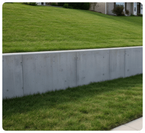 Smooth concrete retaining wall with rebar ties alongside green grass and house in Richmond VA